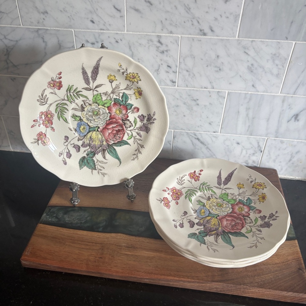 Vintage Set of 5 Spode Gainsborough Botanical Floral 7.5” Dessert / Salad Plates